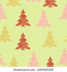 Colorful hand drawn pine tree seamless pattern with snow and star background. A lot of fir-trees. Decorative wallpaper, good for printing. Happy New Year. Winter time