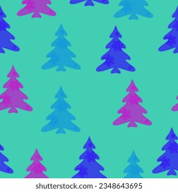 Colorful hand drawn pine tree seamless pattern with snow and star background.  Doodles. Seamless colorful winter pattern on black background. Vector illustration.