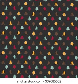Colorful hand drawn pine trees over dark background vector seamless pattern