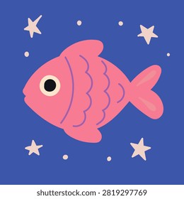 Colorful hand drawn pink fish illustration in naive art style surrounded by playful stars and dots on a bold blue background. Simple whimsical marine design with retro inspired shapes and bright colors.