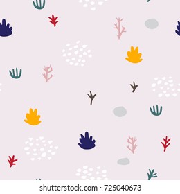 Colorful hand drawn plants vector pattern. Pastel nature illustration. Cute seasonal background. 