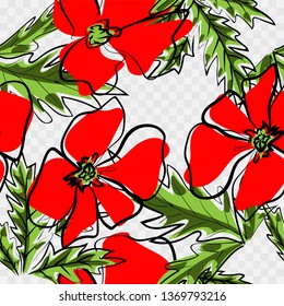 Colorful hand drawn poppies, flowers seamless pattern