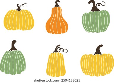 Colorful hand drawn pumpkins. Vector set of autumn vegetables.