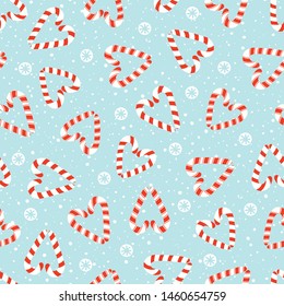 Colorful Hand Drawn Red And White Holiday Christmas And New Year Candy Cane Hearts And White Snowflakes On Ice Blue Background Vector Seamless Pattern. Winter Holiday Print. Festive Paper