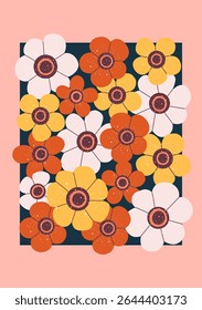 Colorful hand drawn retro flowers in warm vintage palette on dark background.