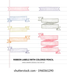 Colorful hand drawn ribbon labels with colored pencils. Vector doodle ribbon title banner set.