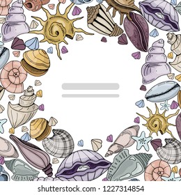 Colorful hand drawn round frame for text, made of sea animals, seashells on white background, vector illustration for printing on cards, invitations, blanks.