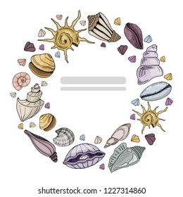 Colorful hand drawn round frame for text, made of seashells on white background, vector illustration for printing on cards, invitations, blanks, t-shirt or bag.. Wreath made of elements