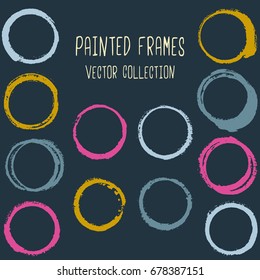 Colorful hand drawn round paint brushes set. Cup stain circle strokes seamless pattern. Round paint brush, circle stroke vector collection. Graphic design logo elements.