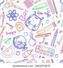 Colorful Hand Drawn School Supplies Pattern on Grid Paper.Doodle Style School and Science Icons Seamless Background with science symbols, and educational tools on grid paper.Vector illustration