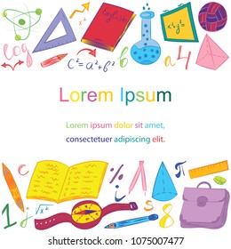 Colorful Hand Drawn School Symbols. Children Drawings of Ball, Books,Pencils, Rulers, Flask, Compass, Arrows with Place for Text. Vector Illustration.