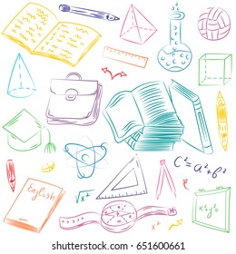 Colorful Hand Drawn School Symbols. Children Drawings of Ball, Books,Pencils, Rulers, Flask, Compass, Arrows. Vector Illustration.