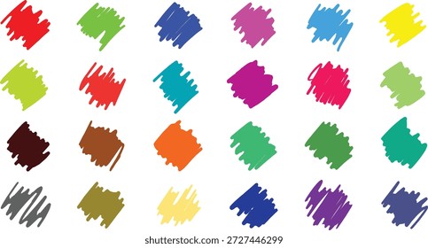 Conjunto colorido de traçados de pincel de rabisco desenhado à mão, amostras de pintura abstratas e elementos criativos de rabiscar isolados no fundo branco