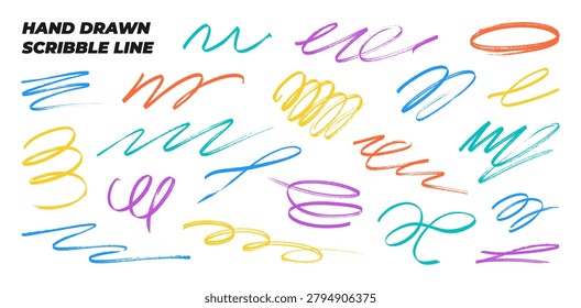 Colorful hand drawn scribble lines and brush strokes. Bright hand drawn scribble lines, crayon loops, curly marker brush strokes, thin, elegant squiggles, doodle elements.  Playful vector textures.