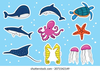 Colorful Hand drawn Sea Animals Stickers Collection