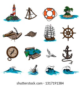 colorful hand drawn sea theme illustration set