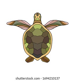 Colorful hand drawn sea turtle with calm pink, green, yellow and brown elements. Underwater illustration on white isolated background.