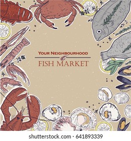 Colorful hand drawn seafood board with lettering in the middle. FISH MARKET. Vector illustration