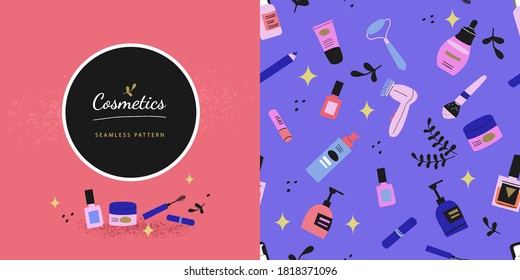 colorful hand drawn seamless cosmetics pattern for packaging, illustration, banner, online shopping. Make up collection for shop, spa and visage. Decorative cosmetics, makeup tools and accessory 