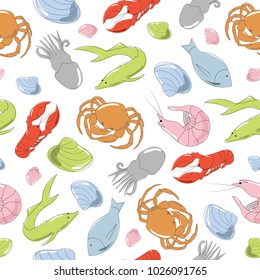 Colorful hand drawn seamless pattern with seafood