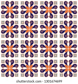 Colorful hand drawn seamless pattern inspired of  Portuguese glazed tiles. Ceramic decor.