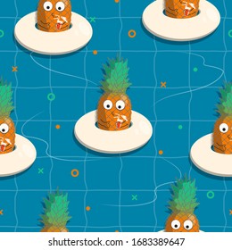 Colorful hand drawn seamless pattern with cute baby pineapple chilling in the swimming pool. Vector isolated tropical fruit background. Funny fruit texture for textile or wrapping paper.