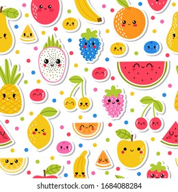 Colorful hand drawn seamless pattern with tropical summer fruit and berries. Cute stickers for your design. Kawaii style. Healthy food. Vector illustration