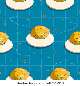 Colorful hand drawn seamless pattern with cute baby lemon chilling in the swimming pool. Vector isolated tropical fruit background. Funny fruit texture for textile or wrapping paper.