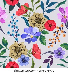 Colorful hand drawn seamless pattern with botanical floral design illustration.