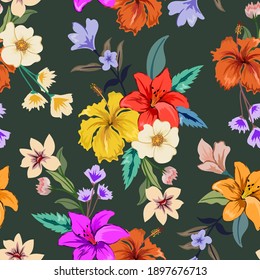 Colorful hand drawn seamless pattern with botanical floral design illustration.