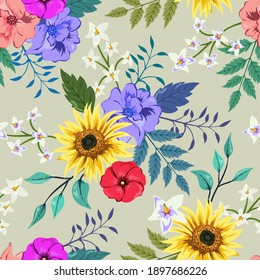 Colorful hand drawn seamless pattern with botanical floral design illustration.