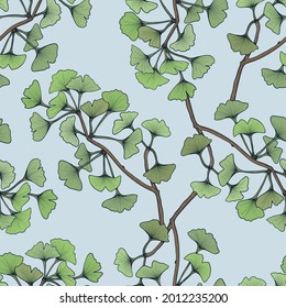 Colorful Hand drawn seamless pattern with ginkgo leaf branch