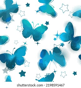 Patrón ininterrumpido de color dibujado a mano con mariposas azul acuarela sobre el fondo blanco . Ilustración del vector