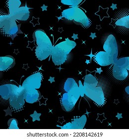 Colorful hand drawn seamless pattern with watercolor blue butterflies on a black background. Vector illustration