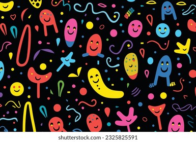 colorful hand drawn seamless pattern isolated on black background, kawaii symbol background, seamless fractal pattern, abstract texture, typography for print or design