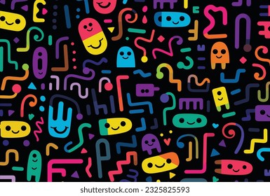 colorful hand drawn seamless pattern isolated on black background, kawaii symbol background, seamless fractal pattern, abstract texture, typography for print or design