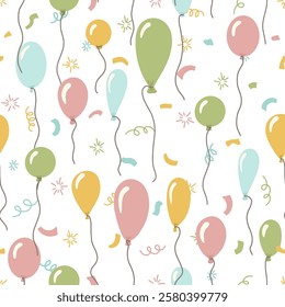 Colorful hand drawn seamless pattern balloons and festive birthday confetti, wrapping paper, textile print vector illustration