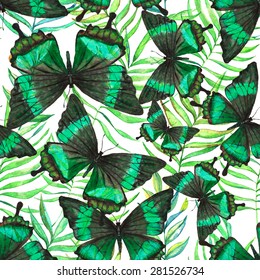Colorful hand drawn seamless pattern with watercolor green butterflies and leaves on the white background in vector