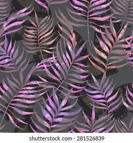 Colorful hand drawn seamless pattern with watercolor palm leaves and butterflies on the  dark background in vector