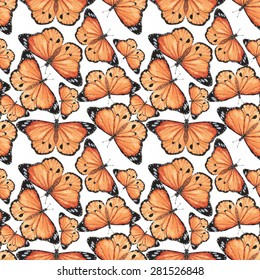 Colorful hand drawn seamless pattern with watercolor orange butterflies on the white background in vector