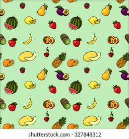 Colorful hand drawn seamless pattern with fruits and berries