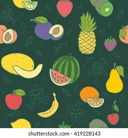 Colorful hand drawn seamless pattern with fruits and berries. Doodle pineapple, banana, watermelon, orange  peach and other juicy fruits