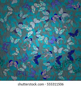 Colorful hand drawn seamless pattern with watercolor blue butterflies on the white background in vector. Radial gradient shape.