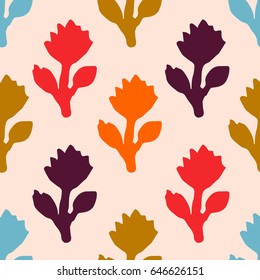 Colorful hand drawn seamless pattern with pretty flowers on pastel pink background. Vector illustration.