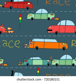 Colorful hand drawn seamless pattern with cars on the road.