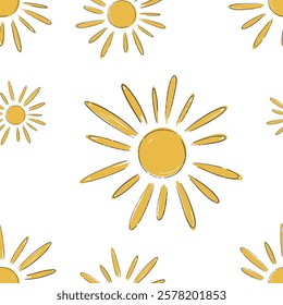 Colorful hand drawn seamless sun pattern on a white background for kids cute cheerful design vector illustration