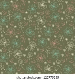 Colorful hand drawn seamless texture with doodle flowers and berries. Endless linear decorative pattern