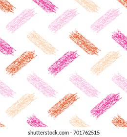 Colorful hand drawn seamless vector crayon scribbles or dashes.  Abstract hand illustrated pink and peach diagonal lipstick smears on a white background.