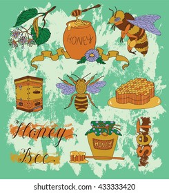 Colorful hand drawn set with bee, honey, honeycomb, honey pot, bee house and flowers on texture background. Doodle line art illustration and graphic vintage collection