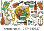 Colorful hand drawn set of classic and jazz music instruments in doodle style isolated on white background.